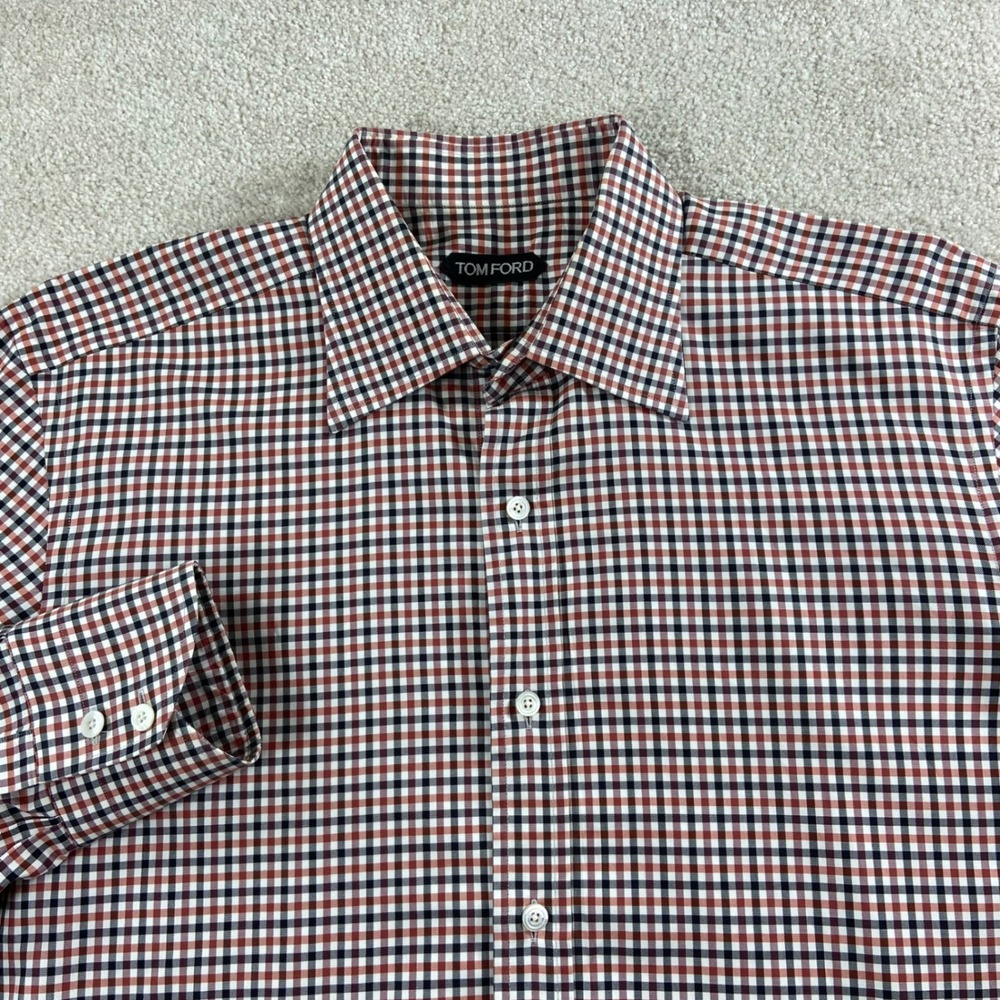 Tom Ford Dress Shirt Mens 16.5 42 Red Gingham Plaid Cotton Made in Italy